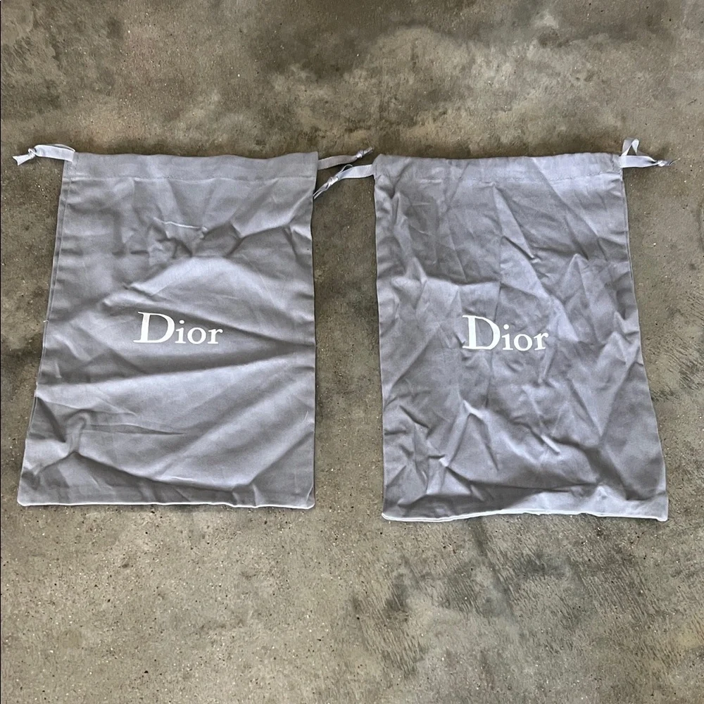 Authentic Dior Gray Drawstring Dust Bags with White Logo (Pair)